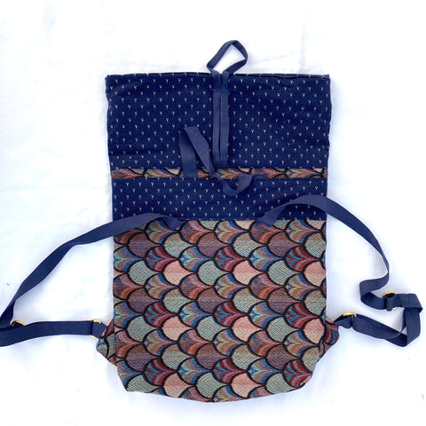 Handmade upcycled blue fabric backpack