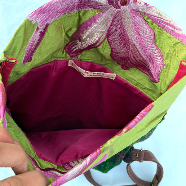 Handmade upcycled pink and green fabric backpack