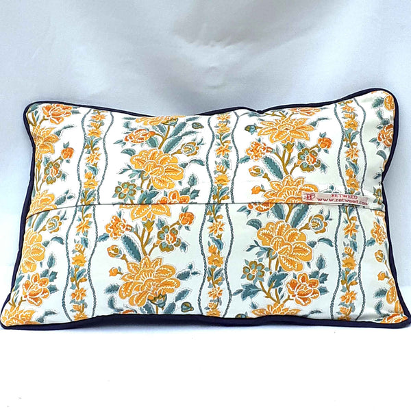 Handmade rectangular piped cushion with patchwork mixed upcycled fabrics