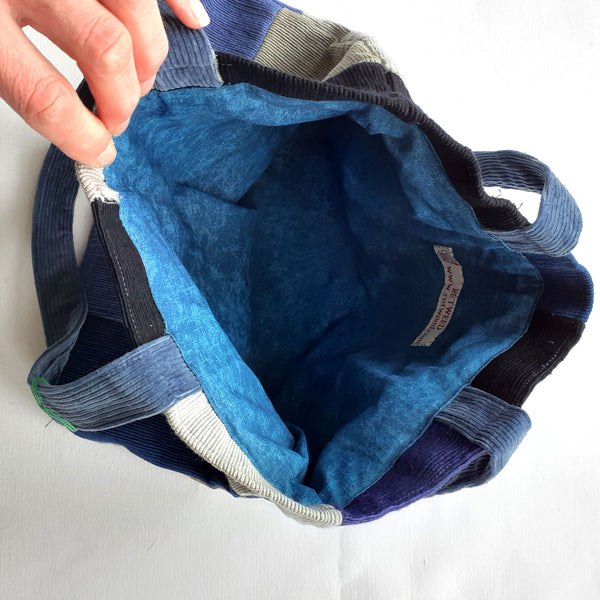 Handmade blue corduroy patchwork bag
