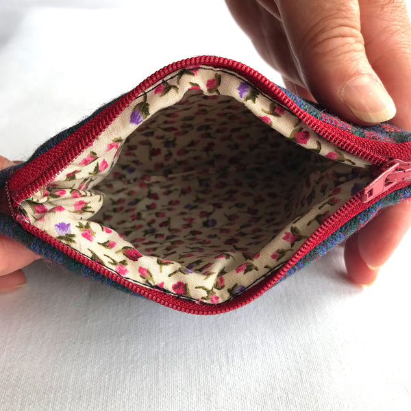 Inside Tweed purse with cream, green, purple and pink floral fabric