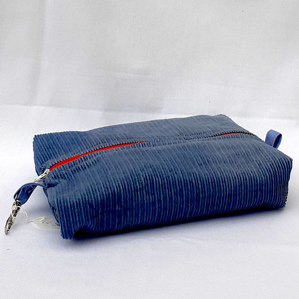 Handmade cosmetic bag in blue corduroy