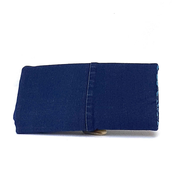 Handmade roll up cosmetic bag in blue denim