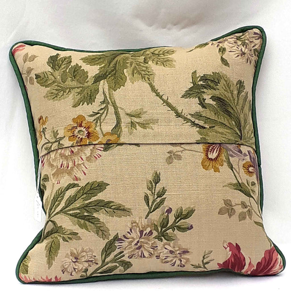 Handmade cushion with leaf design and applique made from mixed upcycled fabrics