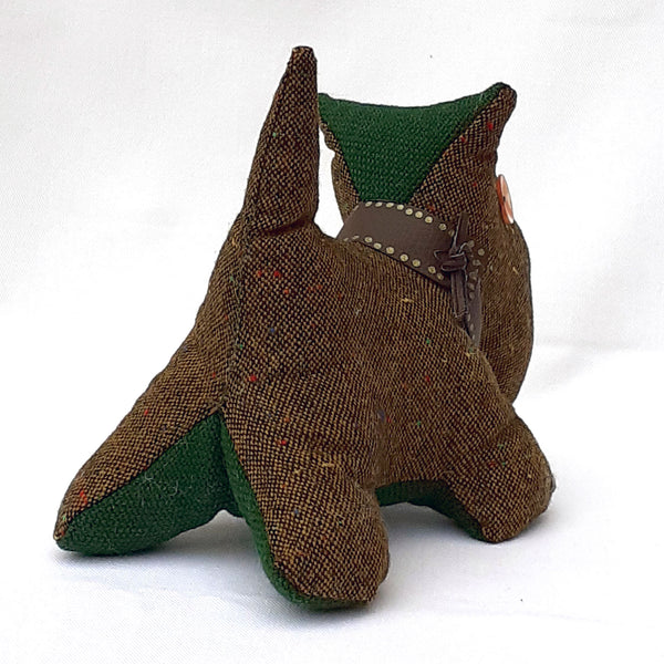 Rear view of brown tweed scottie dog with green tweed accent head and stomach panels.