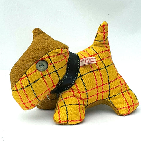 Side view of a yellow check tweed scottie dog with brown tweed accent head and stomach panels.