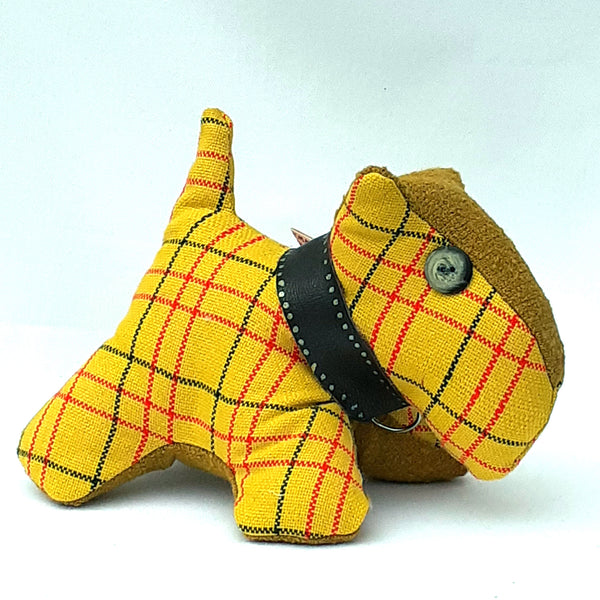 Side view of handmade yellow check tweed with brown tweed accent head and stomach panels.. Chunky brown collar and green button eye.