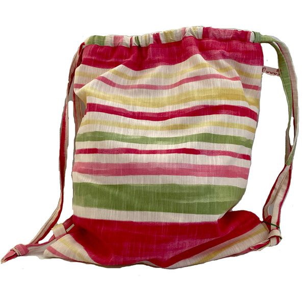 Handmade upcycled pink and green striped drawstring bag