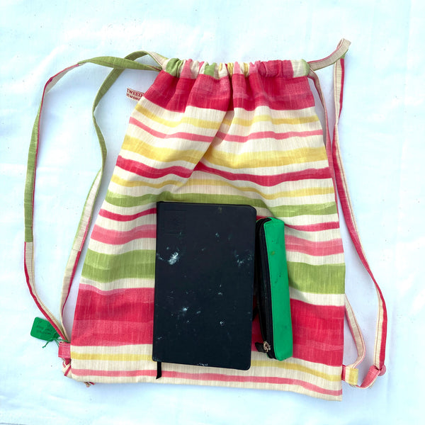 Handmade upcycled pink and green striped drawstring bag