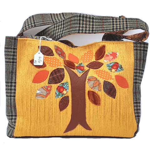 Handmade handbag with tweed and colourful fabric